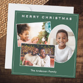 Chic Green & Faux Silver 3 Foto's Aangepaste Kerst Feestdagenkaart