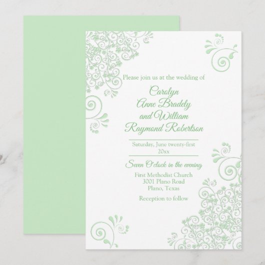 Chic Green Flourishes Wedding Uitnodiging (Voorkant / Achterkant)