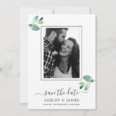 Chic Green Foliage Dark Blue Photo Save the Date Kaart (Voorkant)