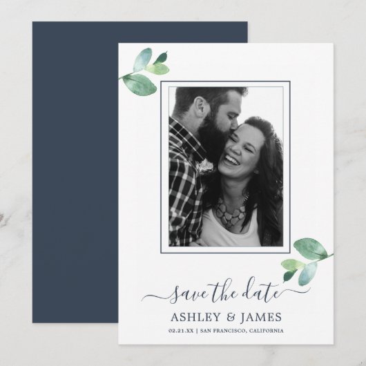 Chic Green Foliage Dark Blue Photo Save the Date Kaart (Voorkant / Achterkant)
