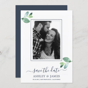 Chic Green Foliage Dark Blue Photo Save the Date Kaart
