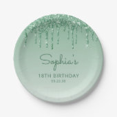 Chic Green Glitter Drip 18e Verjaardagsfeest Papieren Bordje (Voorkant)