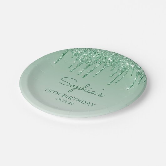 Chic Green Glitter Drip 18e Verjaardagsfeest Papieren Bordje (Gekanteld)