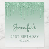 Chic Green Glitter Drip 21st Birthday Party Wijn Etiket (Enkel label)