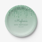 Chic Green Glitter Drip 30th Birthday Party Papieren Bordje (Voorkant)