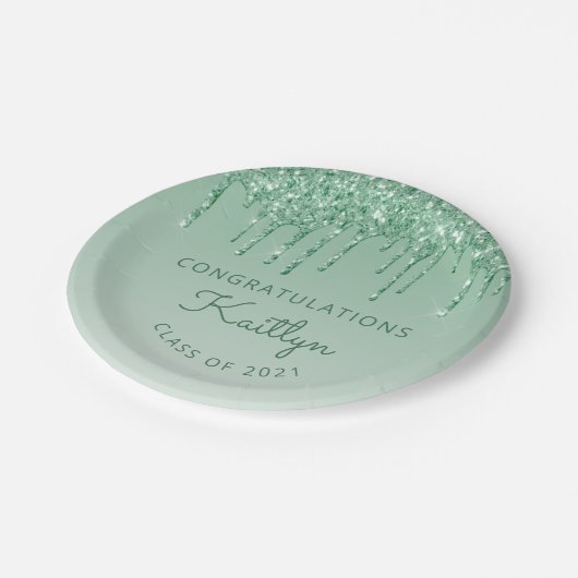 Chic Green Glitter Drip Graduparty Papieren Bordje (Gekanteld)