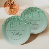 Chic Green Glitter Drip Graduparty Papieren Bordje
