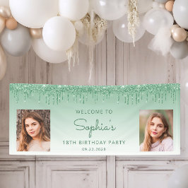 Chic Green Glitter Drip Twee Foto 18e Verjaardag Spandoek