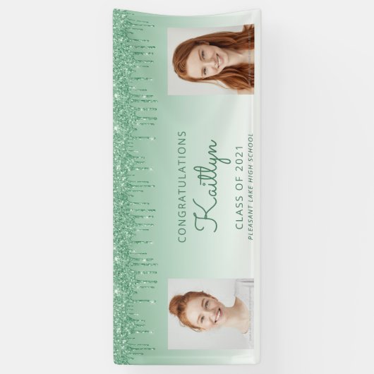Chic Green Glitter Drip Two Photo Afstuderen Spandoek (Verticaal)