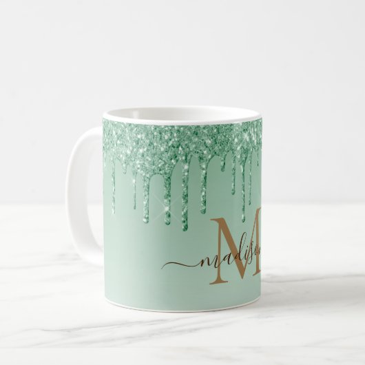Chic green Glitter Monogram Koffiemok (Voorkant links)