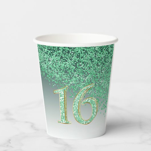 Chic Green Glitter Sweet 16 Birthday Papieren Bekers (Achterkant)