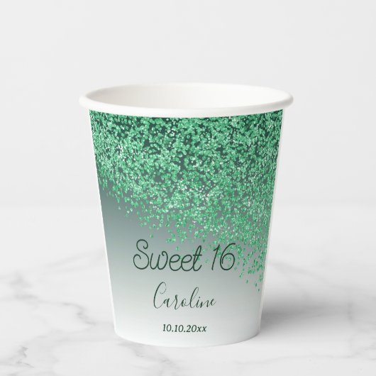 Chic Green Glitter Sweet 16 Birthday Papieren Bekers (Voorkant)