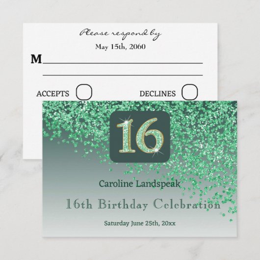 Chic Green Glitter, zestien verjaardag RSVP (Voorkant / Achterkant)