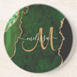 Chic Green Gold Agate Script Custom Monogram Zandsteen Onderzetter