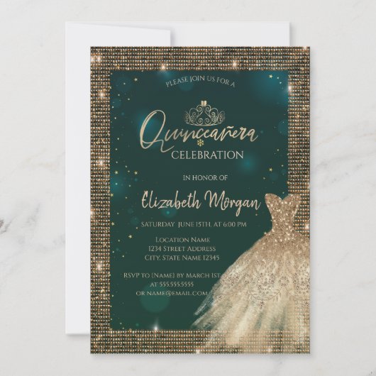 Chic Green Gold Dress Tiara, Diamonds Quinceañera Kaart (Voorkant)