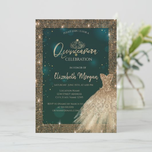 Chic Green Gold Dress Tiara, Diamonds Quinceañera Kaart (Staand voorkant)
