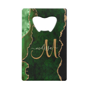 Chic Green Gold Glitter Agate Custom Monogram Creditkaart Flessenopener
