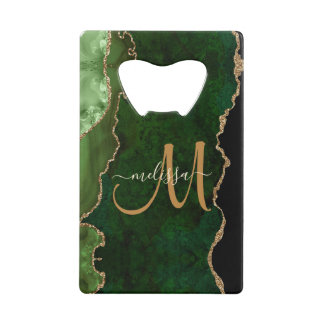 Chic Green Gold Glitter Agate Custom Monogram Creditkaart Flessenopener