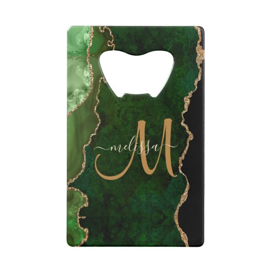 Chic Green Gold Glitter Agate Custom Monogram Creditkaart Flessenopener (Voorkant)