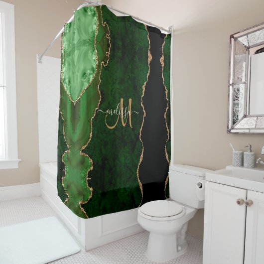 Chic Green Gold Glitter Agate Custom Monogram Douchegordijn (In situ)