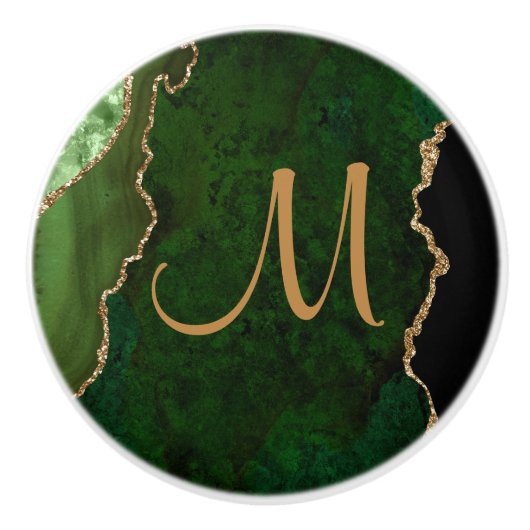 Chic Green Gold Glitter Agate Custom Monogram Keramische Knop (Voorkant)