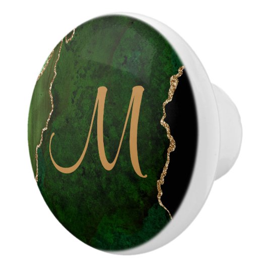 Chic Green Gold Glitter Agate Custom Monogram Keramische Knop (Rechts)
