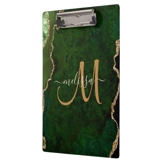 Chic Green Gold Glitter Agate Custom Monogram Klembord (Links)