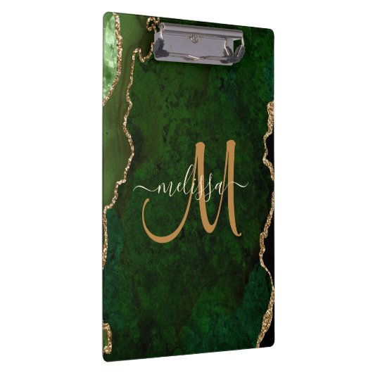 Chic Green Gold Glitter Agate Custom Monogram Klembord (Rechts)