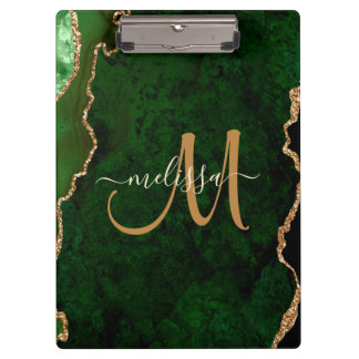 Chic Green Gold Glitter Agate Custom Monogram Klembord