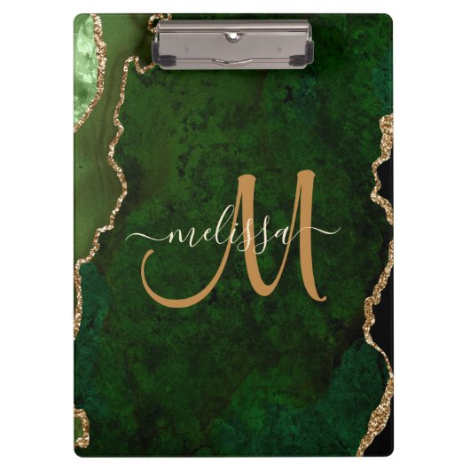 Chic Green Gold Glitter Agate Custom Monogram Klembord (Voorkant)