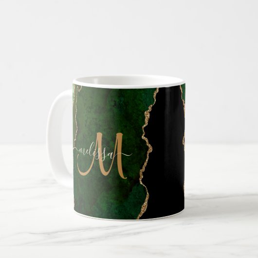 Chic Green Gold Glitter Agate Custom Monogram Koffiemok (Voorkant links)