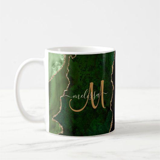 Chic Green Gold Glitter Agate Custom Monogram Koffiemok (Links)