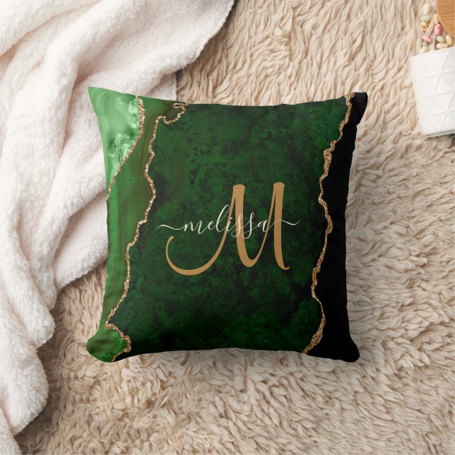 Chic Green Gold Glitter Agate Custom Monogram Kussen (Deken)