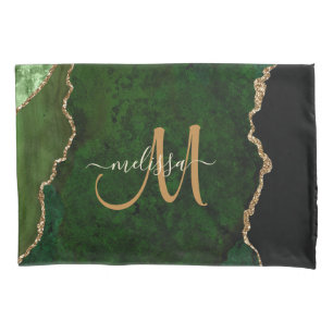 Chic Green Gold Glitter Agate Custom Monogram Kussensloop