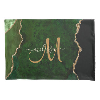 Chic Green Gold Glitter Agate Custom Monogram Kussensloop