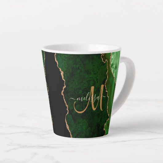 Chic Green Gold Glitter Agate Custom Monogram Latte Mok (Rechterhoek)