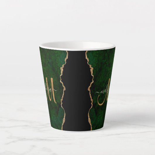 Chic Green Gold Glitter Agate Custom Monogram Latte Mok (Voorkant)