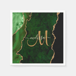 Chic Green Gold Glitter Agate Custom Monogram Servet