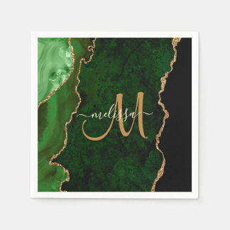 Chic Green Gold Glitter Agate Custom Monogram Servet
