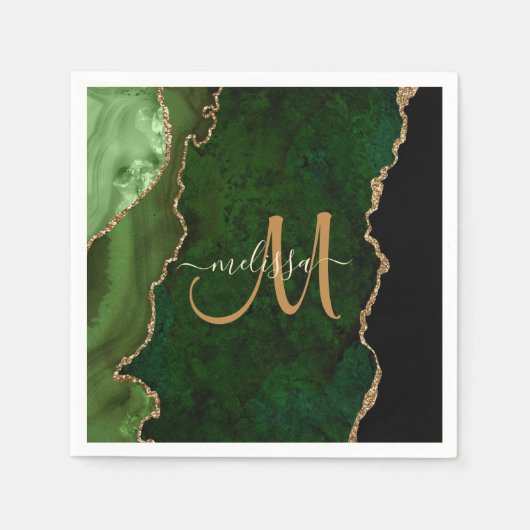 Chic Green Gold Glitter Agate Custom Monogram Servet (Voorkant)