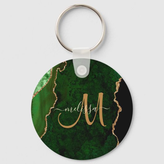 Chic Green Gold Glitter Agate Custom Monogram Sleutelhanger (Achterkant)