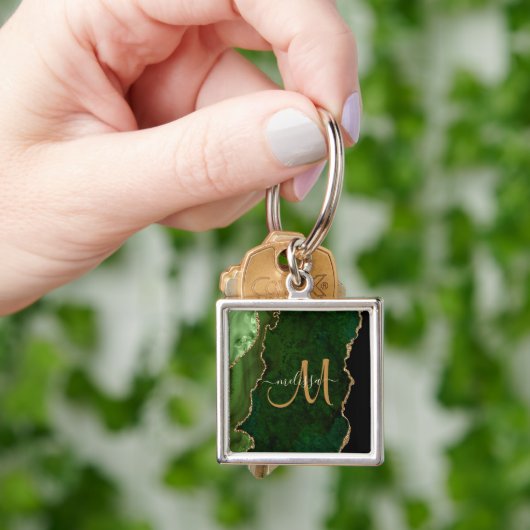 Chic Green Gold Glitter Agate Custom Monogram Sleutelhanger (Hand)