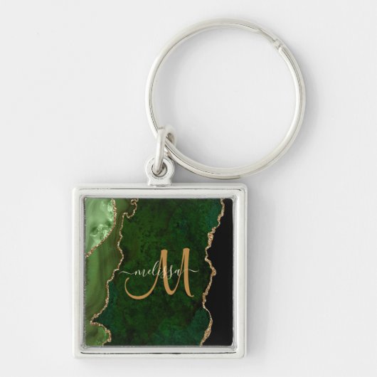 Chic Green Gold Glitter Agate Custom Monogram Sleutelhanger (Voorkant)