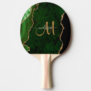 Chic Green Gold Glitter Agate Custom Monogram Tafeltennisbatje