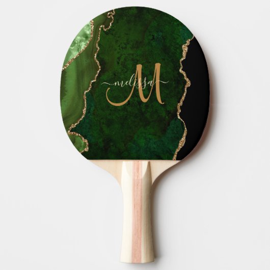 Chic Green Gold Glitter Agate Custom Monogram Tafeltennisbatje (Voorkant)