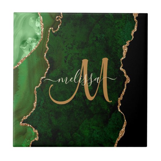 Chic Green Gold Glitter Agate Custom Monogram Tegeltje (Voorkant)