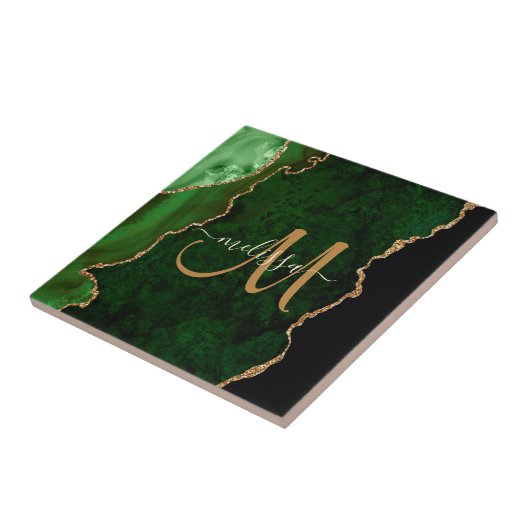 Chic Green Gold Glitter Agate Custom Monogram Tegeltje (Zijkant)