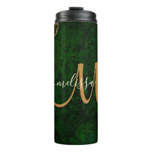 Chic Green Gold Glitter Agate Custom Monogram Thermosbeker