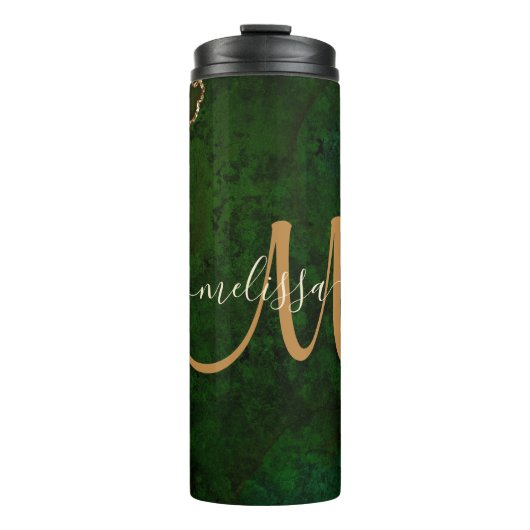 Chic Green Gold Glitter Agate Custom Monogram Thermosbeker (Voorkant)