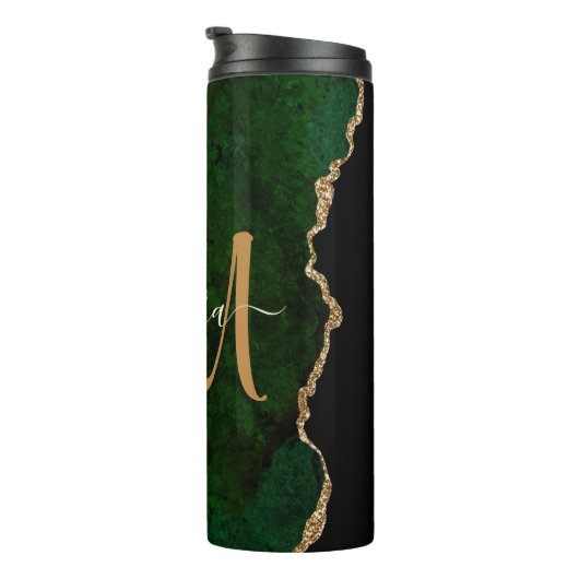 Chic Green Gold Glitter Agate Custom Monogram Thermosbeker (Geroteerd rechts)